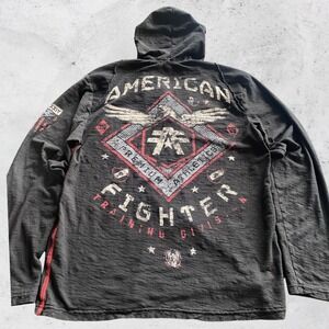 American Fighter Shirt Mens XL Henley Hoodie Black Long Sleeve Lightweight MMA
